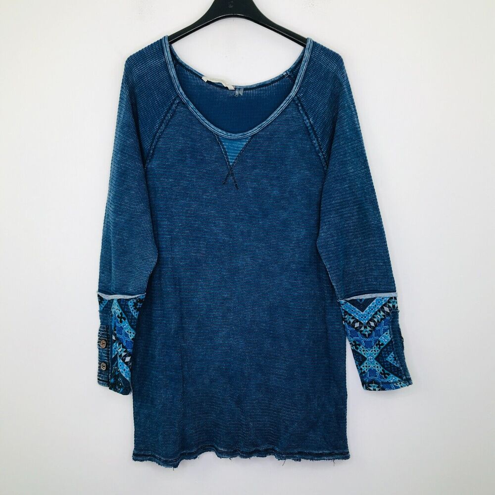 Soft Surroundings Women's Large Shirt Blue Raglan Thermal Tao Contrast Cuff CC1